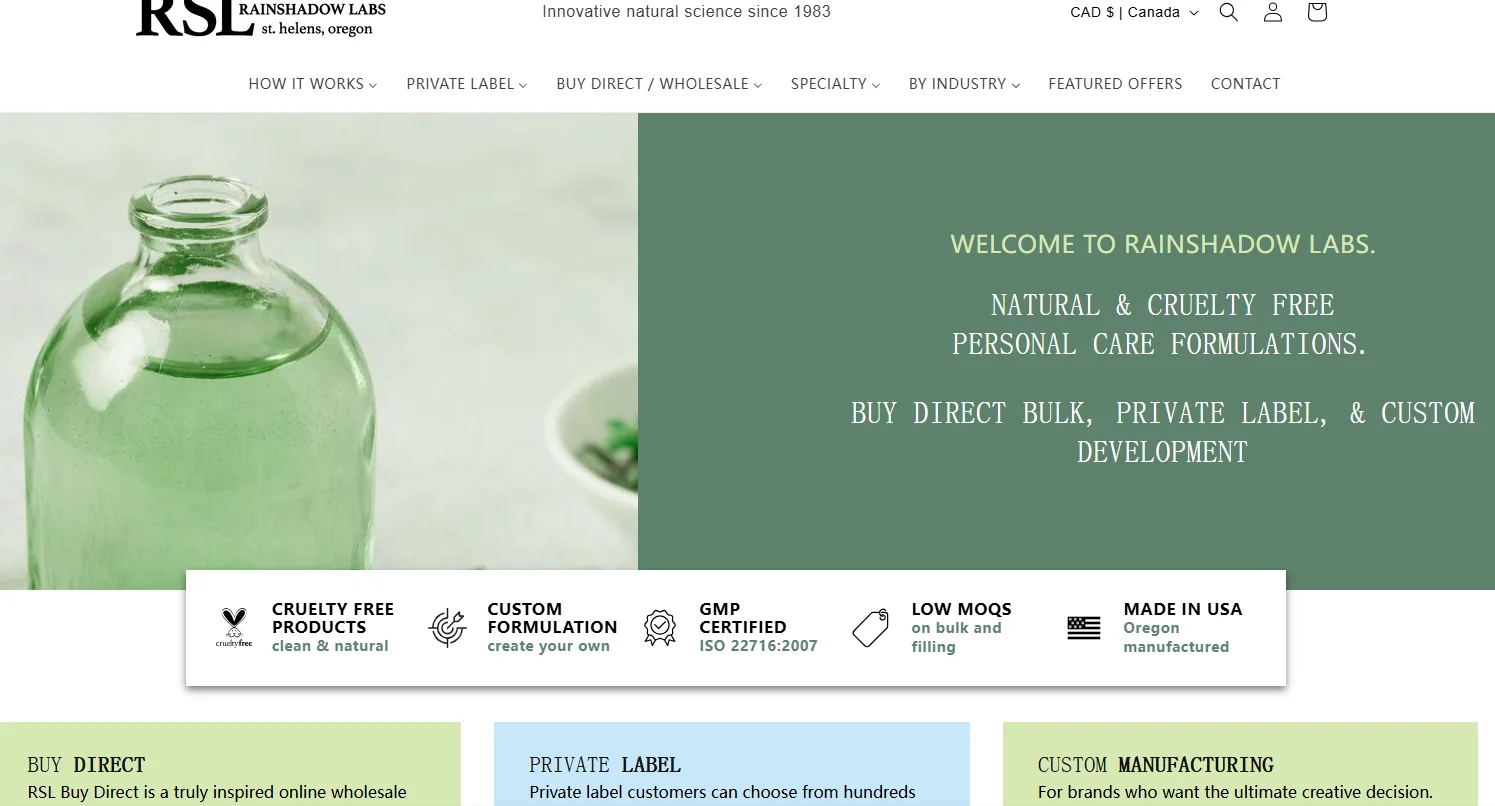 RainShadow Labs website showcasing cruelty-free personal care formulations with buy direct, private label, and custom development options.